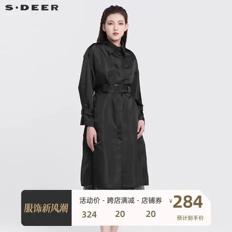 sdeer圣迪奥女装翻领收腰直筒黑色长款风衣S22161806图片