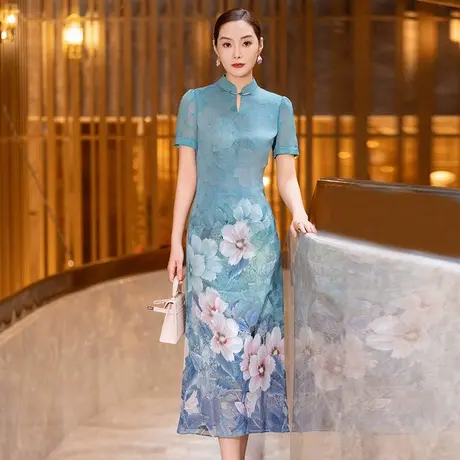 新中式国风连衣裙女2025夏季新款优雅气质印花短袖立领改良旗袍裙图片