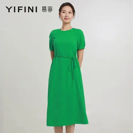 [专柜同款]Yifini/易菲圆领短袖收腰系带显瘦中长款连衣裙女夏新图片