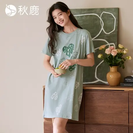 秋鹿柔软透气纯棉睡衣女夏薄款可爱印花可外穿圆领短袖家居服睡裙图片