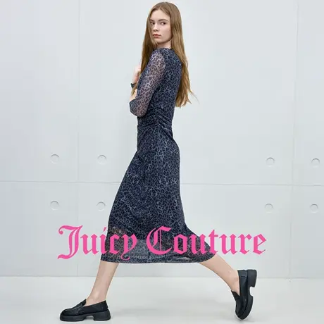 Juicy Couture橘滋连衣裙女2025年秋季新款豹纹网纱气质收腰长裙图片