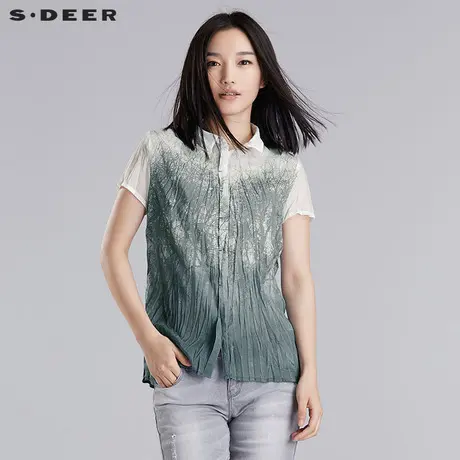 【新品】sdeer圣迪奥女装清冷色调氤氲印花清透短袖衬衫S16280434商品大图