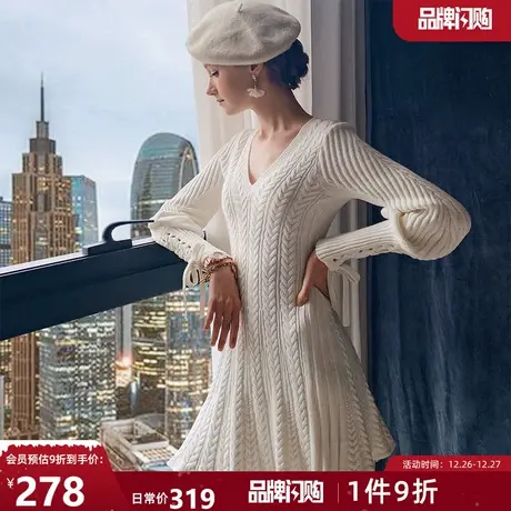 粉红大布娃娃修身针织连衣裙秋白色名媛气质毛衣裙子女图片