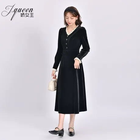 金丝绒连衣裙女秋季新款茶歇法式复古气质收腰显瘦v领长袖小黑裙图片