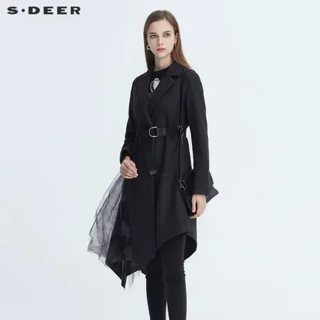 sdeer圣迪奥秋冬休闲翻领收腰拼接网纱印花毛呢大衣女S20481706图片