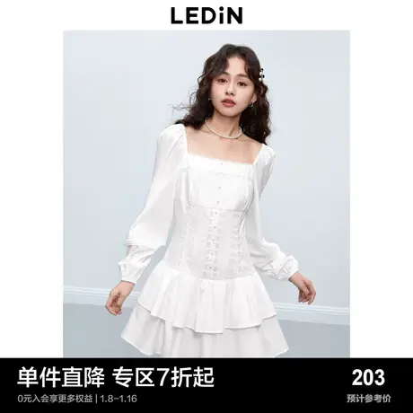 乐町甜美方领花边连衣裙女新品感蕾丝衬衫裙双层蛋糕裙图片