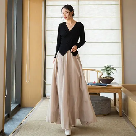 棉麻半身裙女夏2023新款禅意女装高腰文艺设计感小众新中式长裙子图片