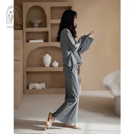 妮狄娅气质睡衣女士春秋季纯棉长袖开衫时尚阔腿裤休闲家居服套装商品大图