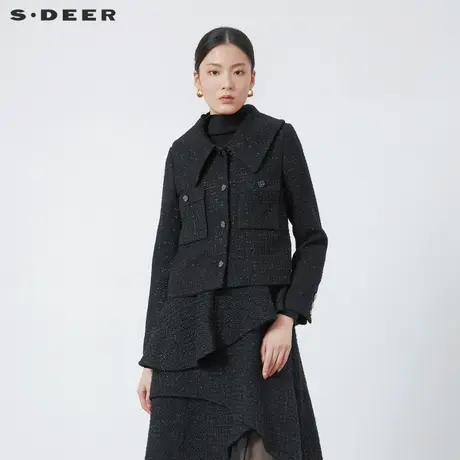 sdeer圣迪奥女装呢子大衣小香风翻领短款黑色毛呢外套S223Z2602图片