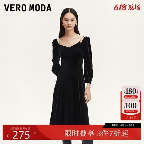 Vero Moda连衣裙24秋季新款可拆卸链条七分袖小黑裙优雅32437C014图片