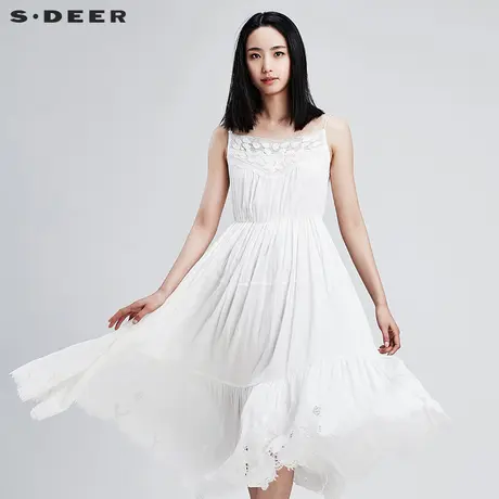 sdeer圣迪奥女装夏装民族风镂空绣花白色高腰吊带连衣裙S16281225图片