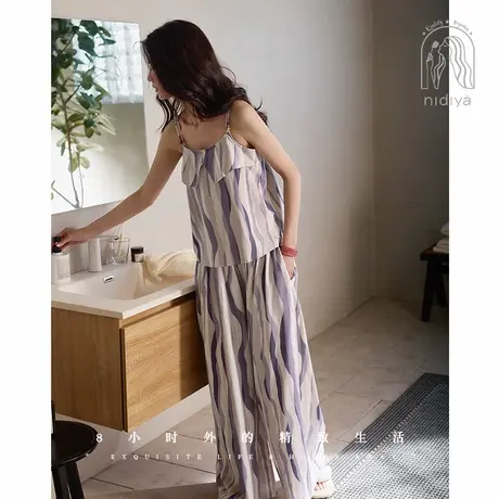 妮狄娅睡衣女夏季柔软棉带胸垫吊带衫时尚阔腿裤度假风家居服套装图片