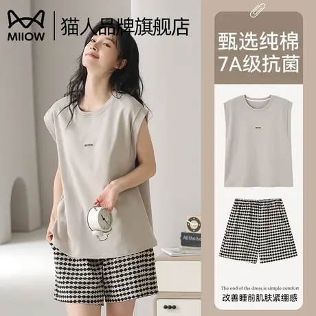 猫人女款睡衣纯棉无袖短裤家居服情侣睡衣套装2025新款春秋可外穿图片