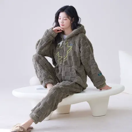 睡衣女珊瑚绒冬季加绒加厚法兰绒连帽女士家居服2023新款秋冬套装商品大图