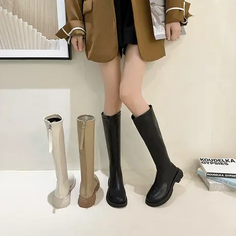 长筒靴女2023年新款冬季加绒加厚粗跟不过膝靴子高级感百搭瘦瘦靴图片
