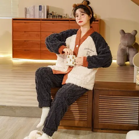 睡衣女珊瑚绒秋冬季日式法兰绒秋冬款冬天家居服加厚日系和服套装商品大图