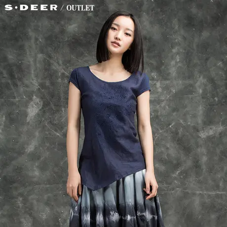 sdeer【活动】圣迪奥女绣线镂空花朵休闲棉麻T恤S13280197图片