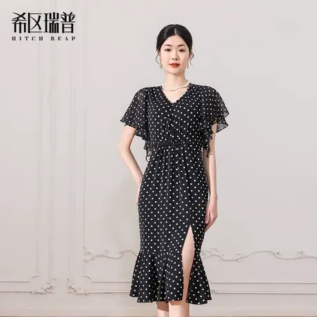 希区瑞普黑色波点V领收腰显瘦法式复古气质鱼尾连衣裙图片