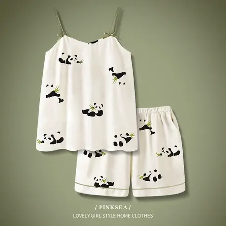Pinksea睡衣夏女2023年新款冰丝吊带短裤套装薄款女士凉感家居服图片