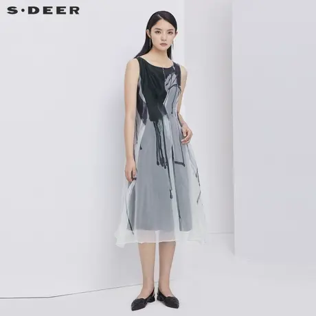 sdeer圣迪奥欧根纱连衣裙蓝色渐变高级感冷淡风裙子女夏S20281255图片