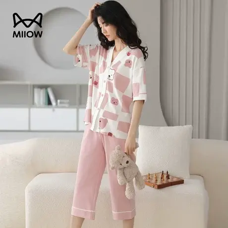 MiiOW/猫人夏季睡衣两件套短裤七分裤纯棉清新开衫v领家居服套装图片