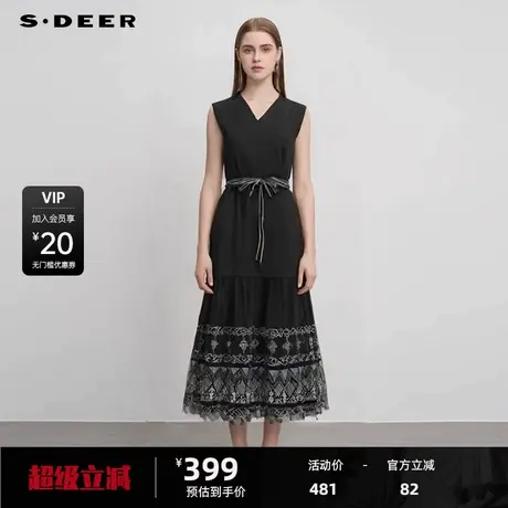 sdeer圣迪奥女装25年新品田园风V领收腰绣花无袖连衣裙S252Z1225图片