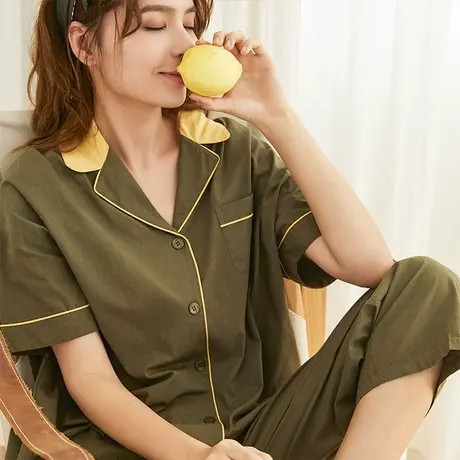秋鹿旗下Jenize简诗哲商场同款梭织人棉凉感夏季短袖九分裤睡衣女图片