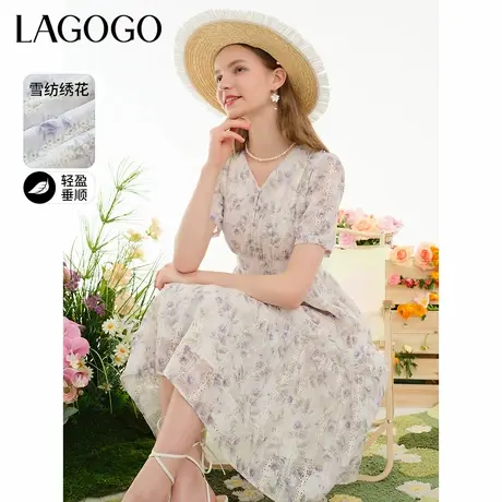 LAGOGO重工雪纺镂空绣花连衣裙女拉谷谷夏季新款泡泡袖茶歇碎花裙图片