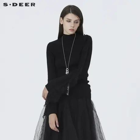 sdeer圣迪奥针织打底衫女女装个性不规则网纱拼接针织衫S20483524商品大图