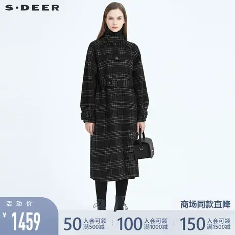 sdeer圣迪奥女时尚格纹立领收腰中长款通勤毛呢大衣外套S20481867图片