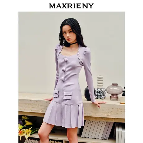 [买4免1]MAXRIENY复古优雅立体玫瑰针织长袖连衣裙修身显瘦法式图片