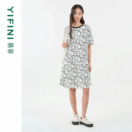 [专柜同款]Yifini/易菲几何抽象印花百搭休闲短袖圆领连衣裙女夏图片