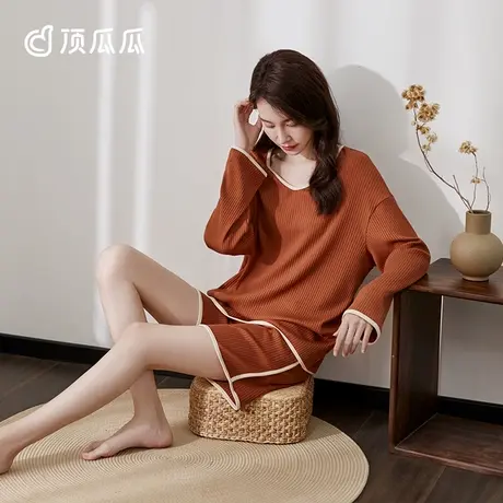 顶呱呱 撞色边可外穿长袖短裤睡衣套装女夏季 高级感女士家居服商品大图