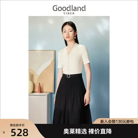 【爆款升级】音儿美地女装2023夏季新款V领收腰压褶伞摆连衣裙图片