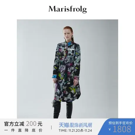 【商场同款】玛丝菲尔冬季新款黑色花稿印花桑蚕丝修身连衣裙图片
