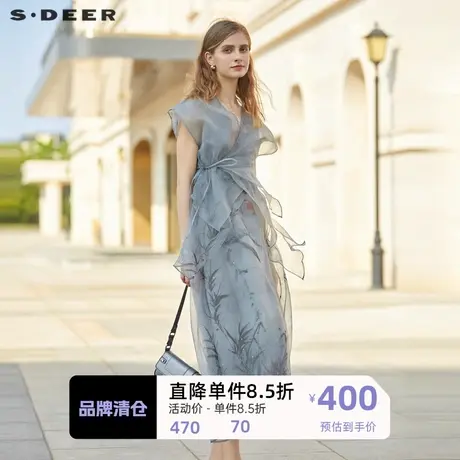 sdeer圣迪奥女装V领收腰欧根纱印花两件套连衣裙S232Z12Y9图片