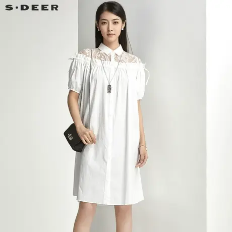 sdeer圣迪奥女装学院风翻领蕾丝拼接抽褶白色连衣裙S21261294图片