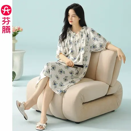 芬腾睡裙女士夏季薄款短袖睡衣中裙女款宽松休闲甜美中袖家居服商品大图