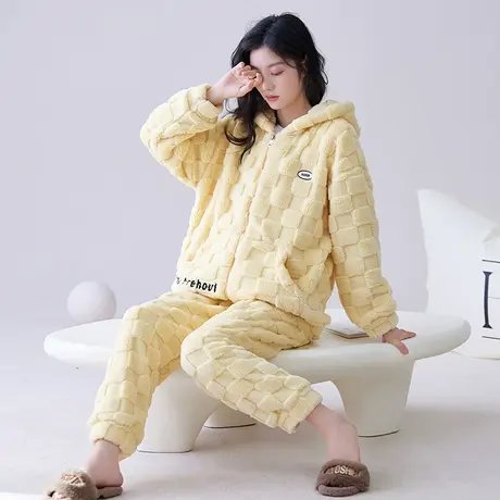 2023新款睡衣女冬季珊瑚绒加绒加厚家居服法兰绒连帽女士秋冬套装商品大图