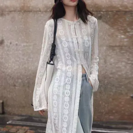 西子美丽心情2025夏季新款白色镂空设计温柔气质连衣裙叠穿外套图片