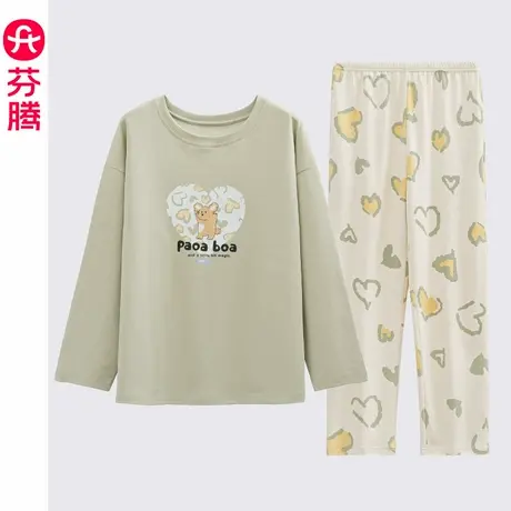 芬腾睡衣女士夏季薄款长袖春秋纯棉大码圆领休闲领全棉家居服套装图片