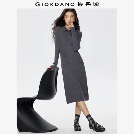 佐丹奴裙子女装竖纹绞花翻领毛织连衣裙 05465857图片
