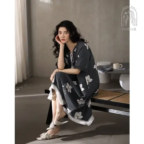 妮狄娅睡衣睡裙女夏季纯棉短袖v领套头中长裙花卉可外穿家居服图片