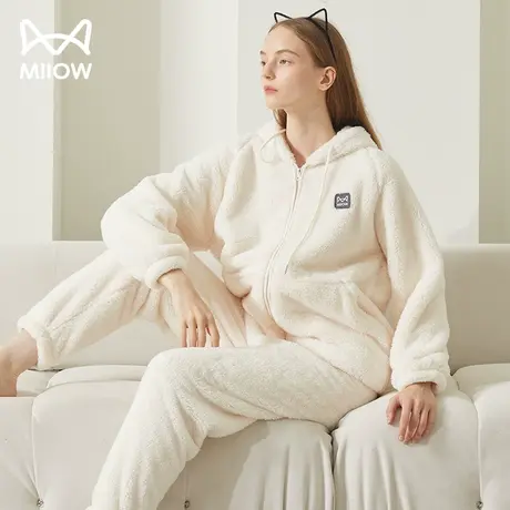 猫人珊瑚绒睡衣女冬款加厚加绒保暖连帽套装外穿法兰绒家居服套装图片
