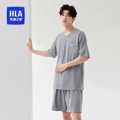 HLA/海澜之家男V领凉感棉质夏季短袖短裤休闲柔软舒适青年家居服图片