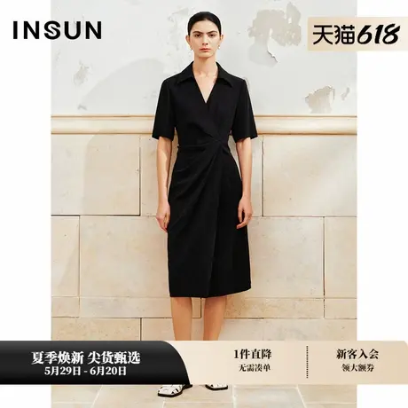 INSUN恩裳专选夏季简洁衬衫领打褶醋酸连衣裙图片