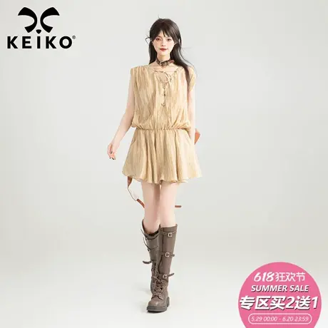 KEIKO 老钱风绉布扎染短袖连衣裙25夏季淡人松弛感V领荷叶边短裙图片