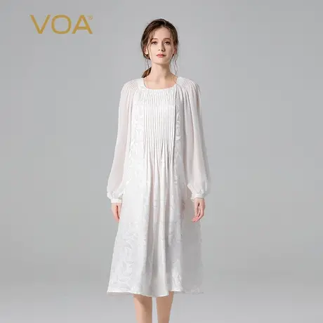 VOA桑蚕丝月牙提花方领灯笼长袖工字褶宽松立体褶裥真丝连衣裙图片