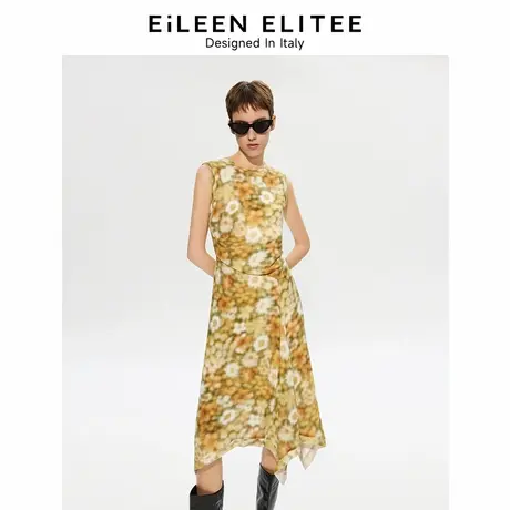 朗姿欧洲EiLEEN ELITEE2025年夏新款无袖长裙黄色收腰法式连衣裙图片