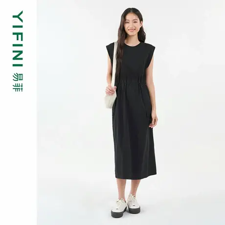 [专柜同款]Yifini/易菲无袖宽肩拼接小黑裙女收腰时尚连衣裙夏新图片